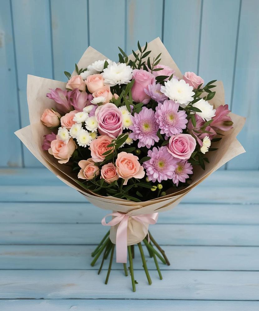 Букет цветов из: Хризантемы, Розы и Альстромерии в Сосновоборске Красноярского края