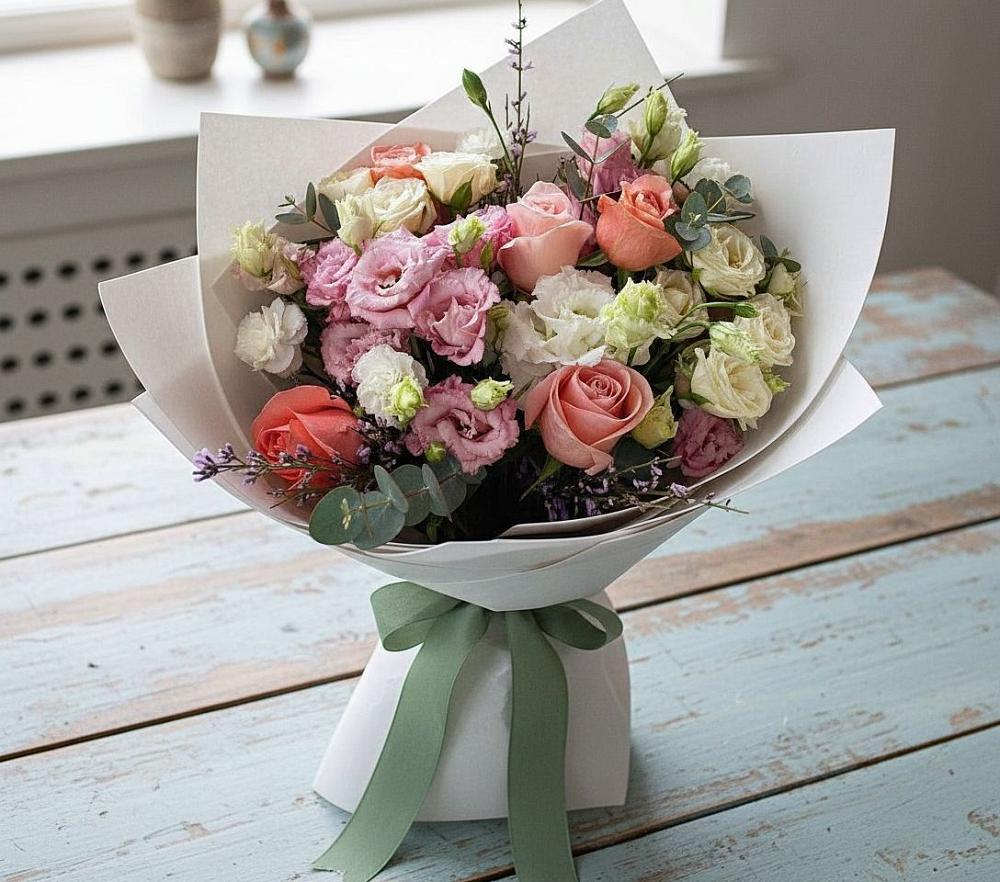 Букет цветов из: Розы, Лизиантусы и Гвоздики в Сосновоборске Красноярского края