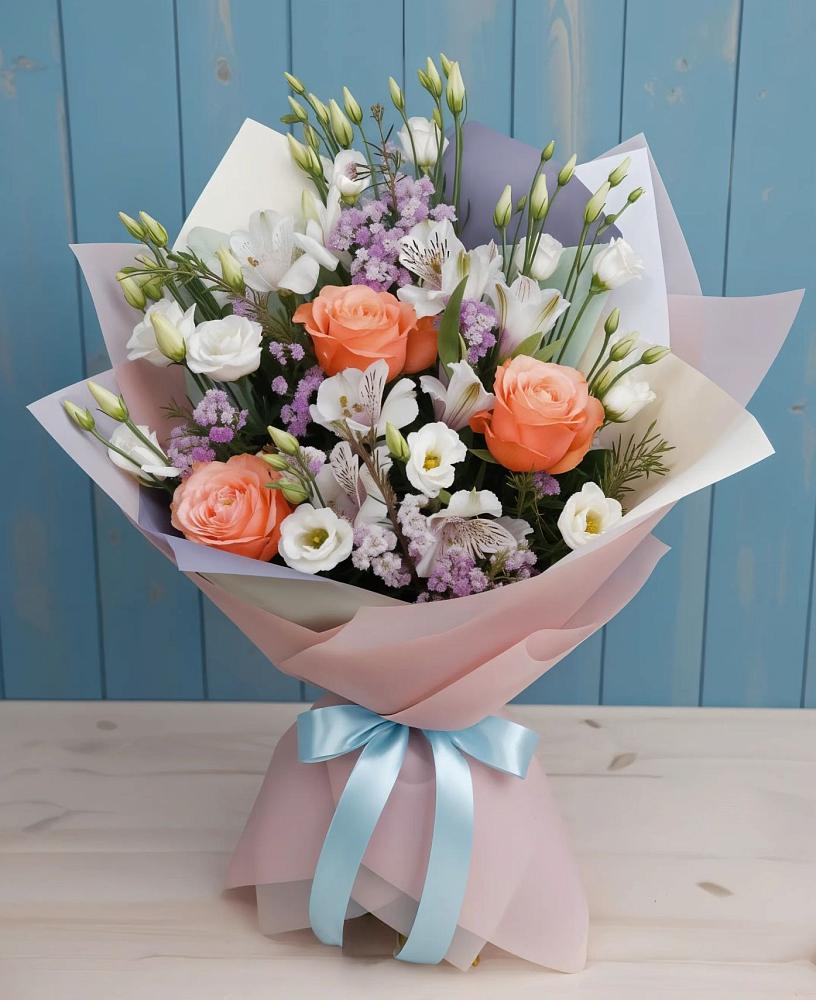 Букет цветов из: Лизиантусы, Розы, Альстромерии и Гипсофила в Сосновоборске Красноярского края