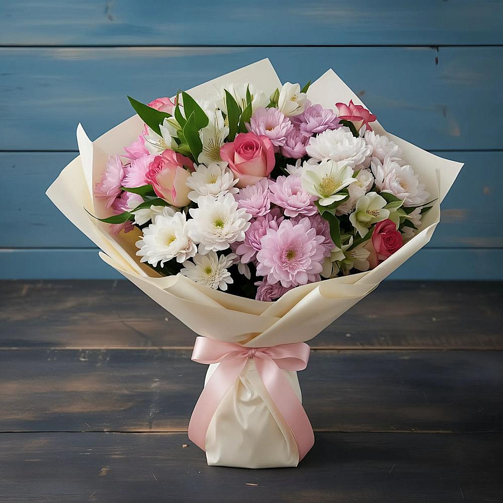 Букет цветов из: Хризантемы, Альстромерии и Розы в Сосновоборске Красноярского края